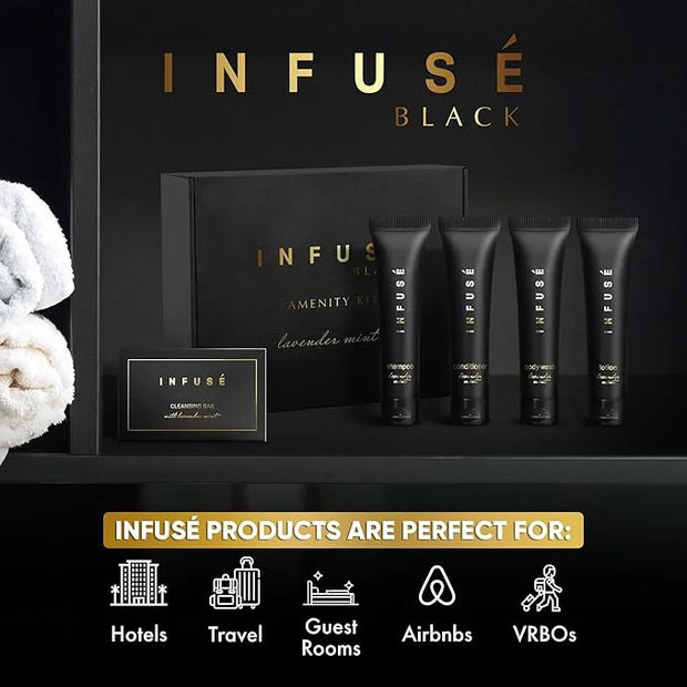 Infuse Black Amenity Kit | Boxed Hotel Toiletries | Bulk Set 1 oz Travel Size Shampoo, Conditioner, Lotion, Body Wash & Cl...