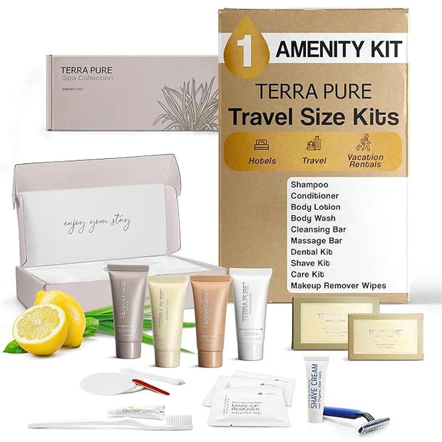 Terra Pure Spa Collection Amenity & Accessory Kit |1 oz Travel Size Shampoo, Conditioner, Lotion, Body Wash, 2 Soap Bars, ...