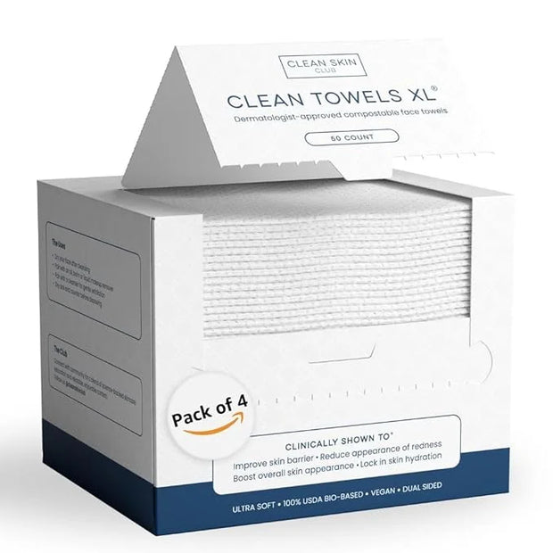 Clean Skin Club Clean Towels XL™, 100% USDA Biobased Face Towel, Disposable Face Towelette, Eczema Association Accepted, M...