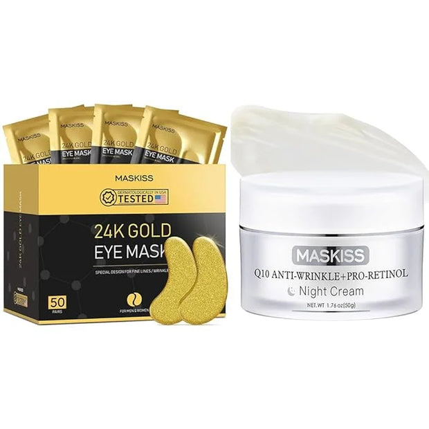 24K Gold Under Eye Patches (50 Pairs) & Q10 Anti-Wrinkle Night Cream, Pro-Retinol Face Moisturizer for Firming, Hydrating ...