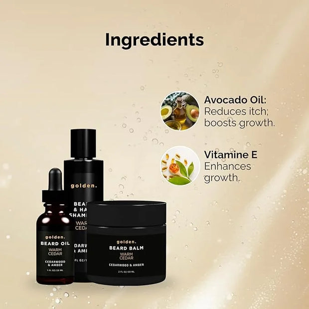 Golden Grooming Co. Everyday Beard Bundle – Complete Beard Care Set | Includes Beard Oil, Balm & Shampoo (Regular, Warm Ce...