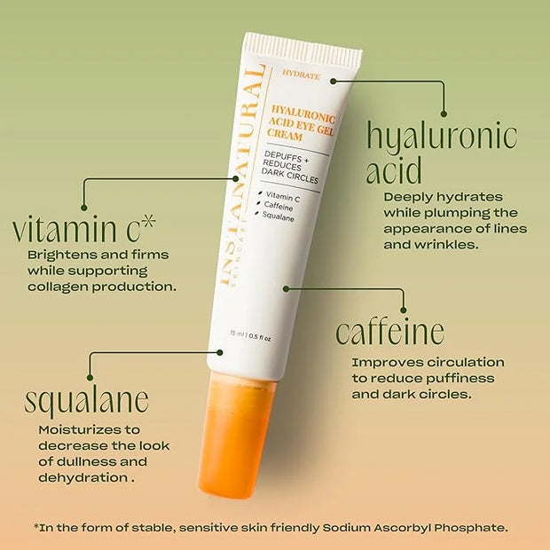 InstaNatural Hyaluronic Acid Eye Gel Cream, Hydrating Under Eye Cream for Women & Men, Decreases Puffiness, Dark Circles a...