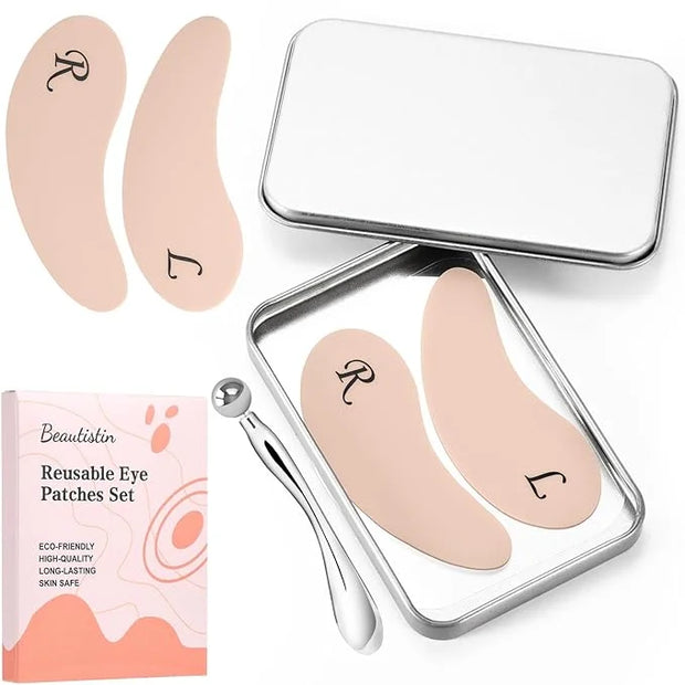 2 Pairs Reusable Under Eye Wrinkle Patches Silicone Mask, Plump Fine Lines & Wrinkles, with Metal Eye Cream Applicator, Ti...
