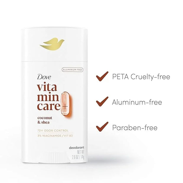 Dove VitaminCare+ Aluminum Free Deodorant Stick for 72H Odor Protection Coconut & Shea Breathable Deodorant for Women 2.6 ...