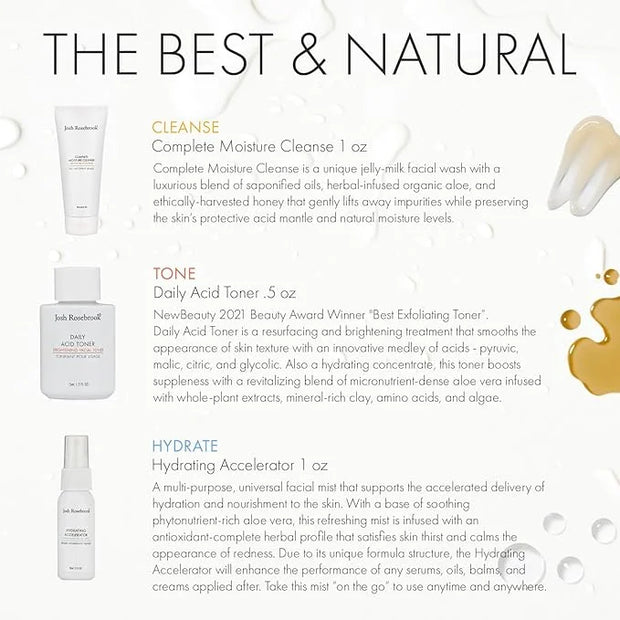 Josh Rosebrook The Essentials Kit - Cleanse, Tone & Hydrate Skincare Set | Complete Moisture Cleanse 1 oz, Daily Acid Tone...