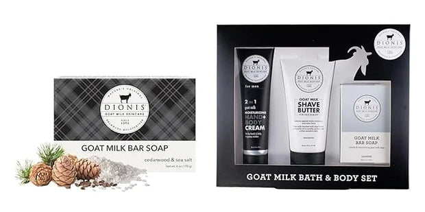 Dionis Goat Milk Men's Skincare Bundle – Cedarwood & Sea Salt Scented Bar Soap (6 oz) & Unscented 3pc Bath & Body Set with...