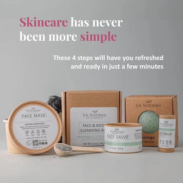 J&L Naturals Simple Skin Regimen Kit With Cleansing Bar, Face Salve, Konjac Sponge, Lip Balm | For Sensitive and Acne-Pron...