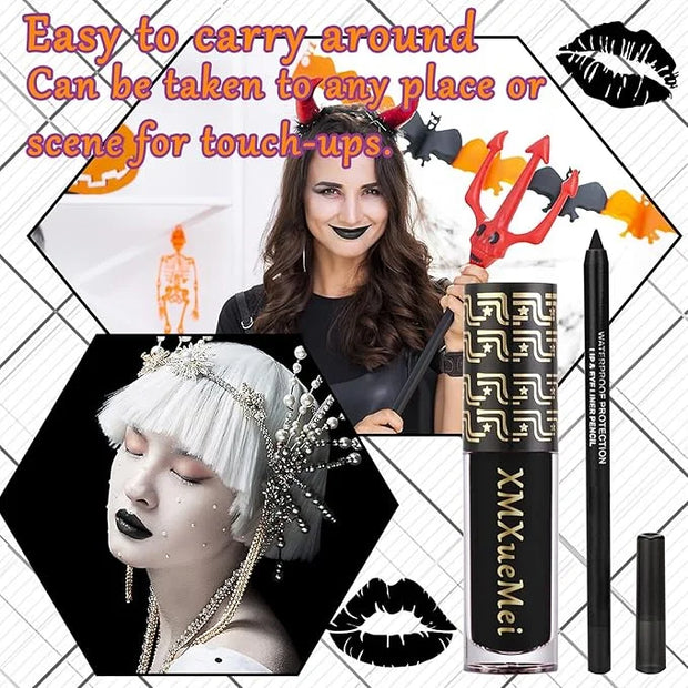 Black Velvet Matte Liquid Lipstick and Lip Liner Set - Smudge-proof, Long-lasting, Waterproof Black Lip Gloss Stain and Li...