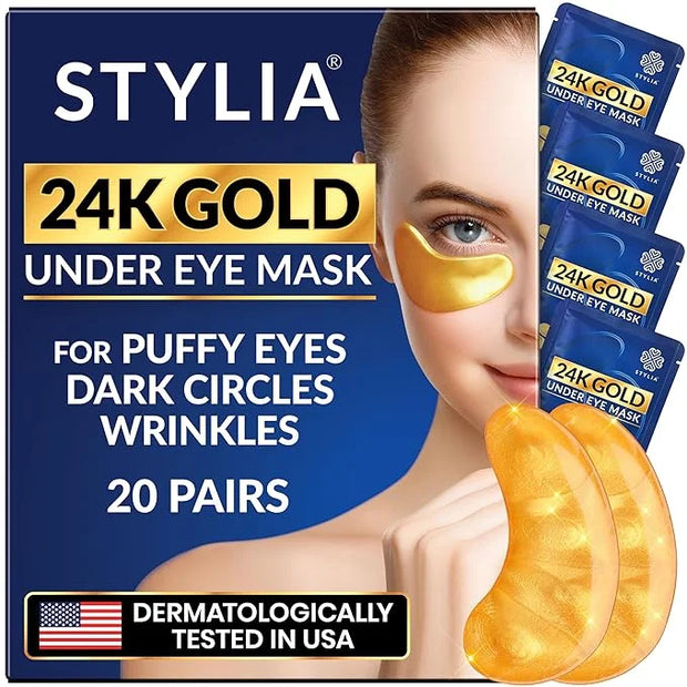 Stylia Under Eye Patches for Dark Circles and Puffy Eyes (20 Pairs) - 24k Gold Collagen Mask with Hyaluronic Acid, Eye Mas...