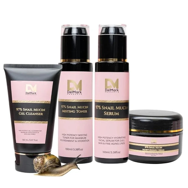Snail Mucin Skincare Bundle – Complete 4-Step Routine with Snail Mucin Serum, Toner, Gel Cleanser, and Moisturizing Cream ...