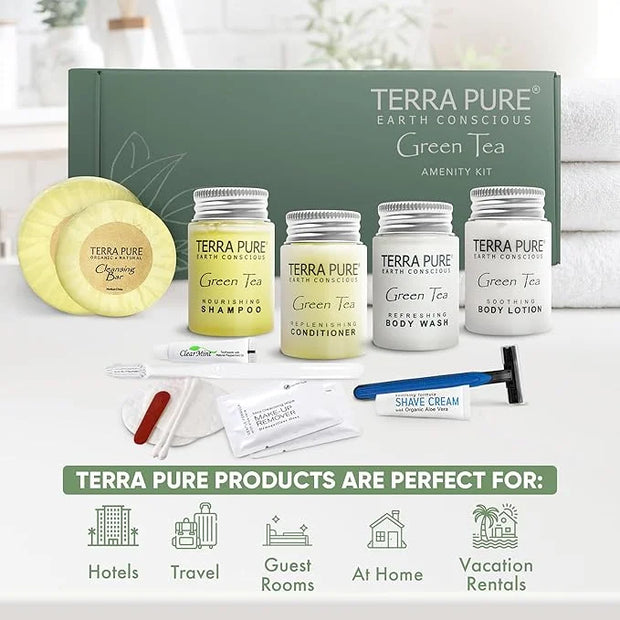 Terra Pure Green Tea Amenity & Accessory Kit | 1 oz Travel Size Shampoo, Conditioner, Lotion, Body Wash, 2 Soap Bars, Shav...