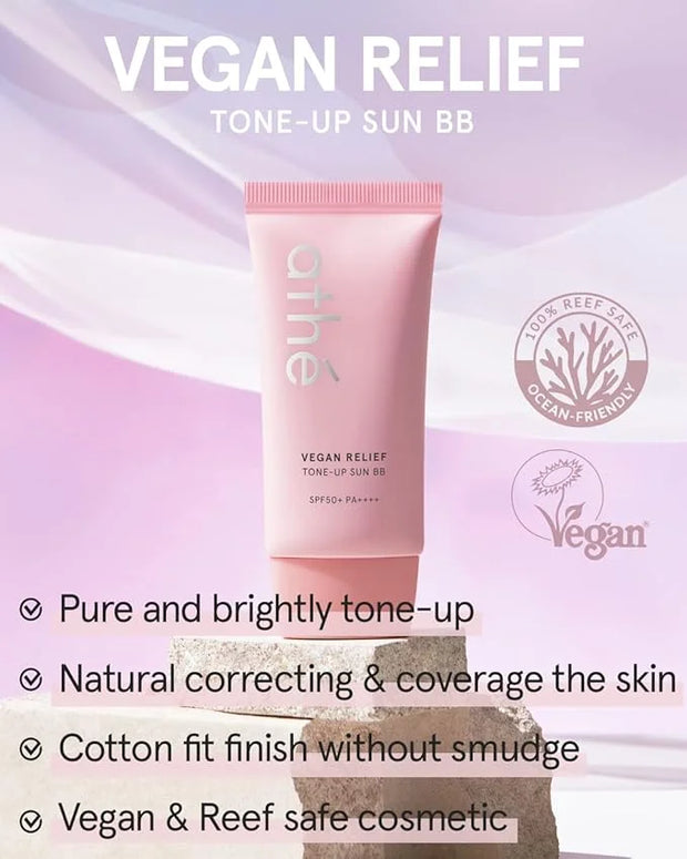 ATHE Vegan Relief Sun BB SPF50+ PA++++, Korean Sunscreen, Zinc Oxide Tone Up Cream, Tone & Texture Correction, Long-Lastin...