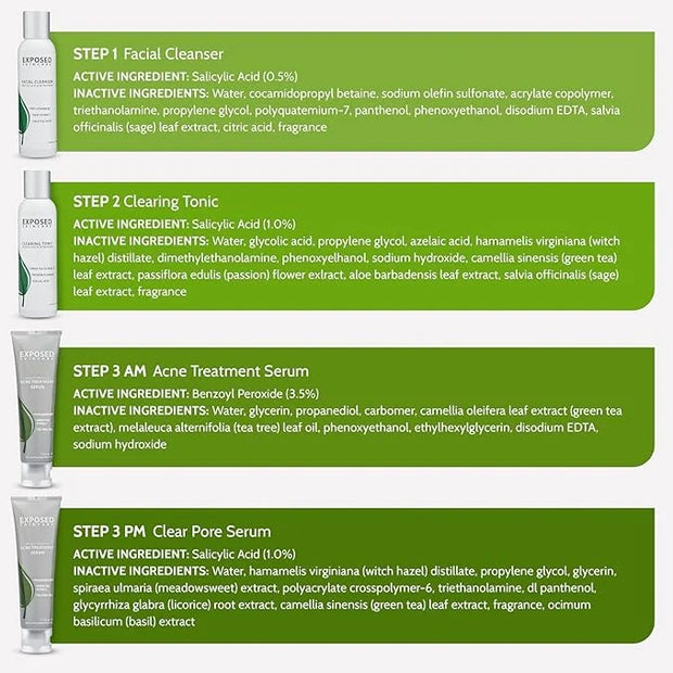 Exposed Skin Care Basic Acne Treatment Kit - Includes Salicylic Acid Face Wash, Clearing Tonic, Acne Treatment Serum with ...