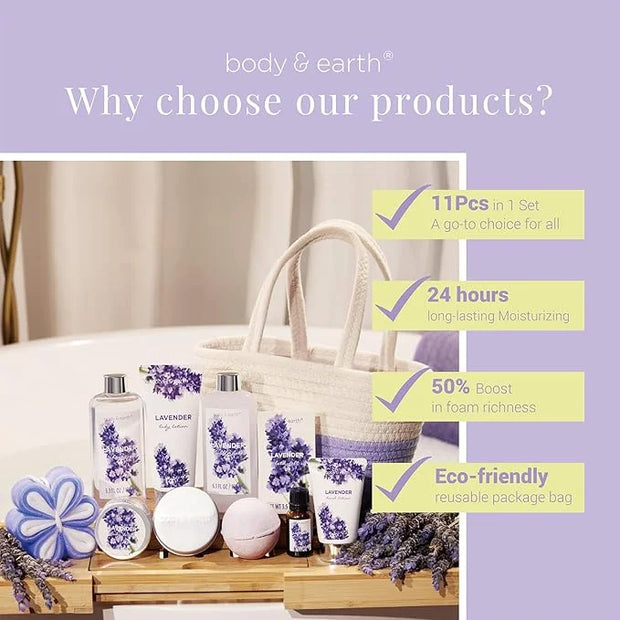 Spa Gift Baskets for Women - Body & Earth 11pcs Lavender Gift Sets with Bubble Bath, Shower Gel, Body Lotion, Birthday Gif...