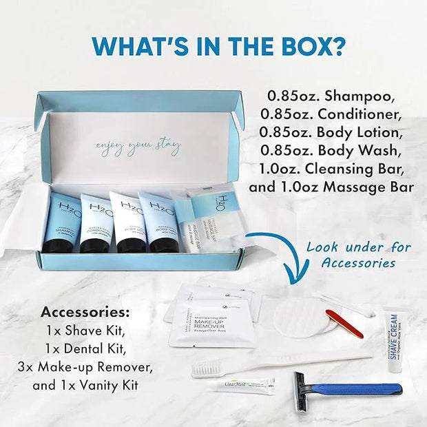 H2O Therapy Amenity & Accessory Kit | 0.85 oz Travel Size Shampoo, Conditioner, Lotion, Body Wash, Massage Bar, Cleansing ...