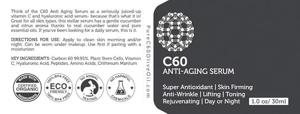 C60 Anti-Aging Face Serum 30ml with Hyaluronic Acid, Plant Stem Cells, Peptides, Vitamins B + C & Anti Aging Wrinkle Compl...