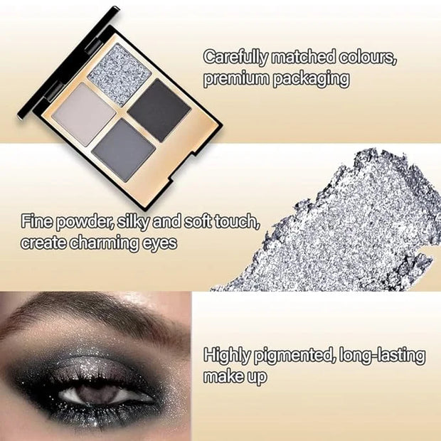 4 Colors Eyeshadow Makeup Palette,Black Gray Highly Pigmented Natural Neutral Nude Smoke Eye Shadow Palette with Mirror,Lo...