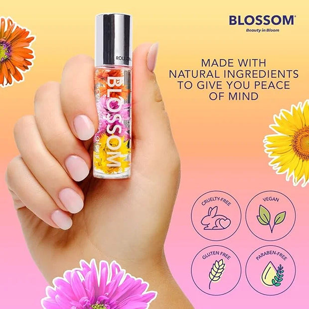 Blossom Roll on Lip Gloss, Scented Clear High Shine Moisturizing Lip Oil, Non Sticky, Infused with Real Flowers, Made in U...