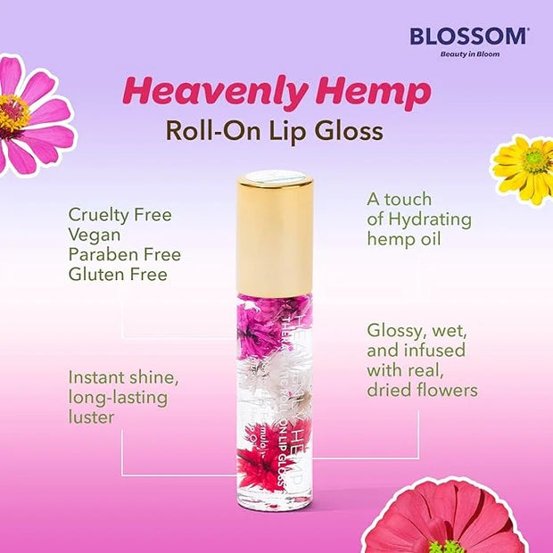 Blossom Roll on Lip Gloss, Scented Clear High Shine Moisturizing Lip Oil, Non Sticky, Infused with Real Flowers, Made in U...