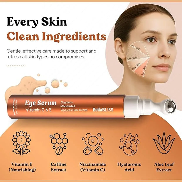BellaBLISS Vitamin C & Vitamin E Eye Serum – Hydrating Under Eye Roller for Puffiness, Wrinkles & Dark Circles – Lightweig...
