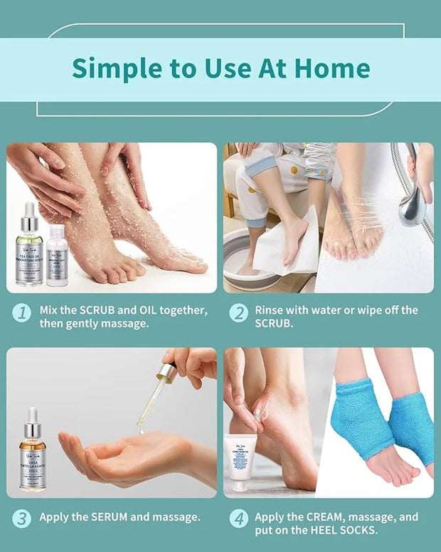 VTS Foot and Hand Care Kit - Includes Tea Tree Oil, Salt Scrub, Serum, Urea Cream 40 Percent, Moisturizing Heel Socks - Ho...