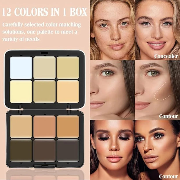 12 Colors Cream [Contour Concealer Foundation] Makeup Palette for Cheeks - All in One Makeup Palette Kit with Brush, Natur...