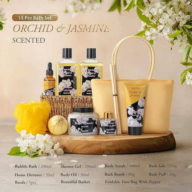 Mother's Day Gift for Mom Bath and Body Gift Basket Orchid & Jasmine Spa Gift Baskets for Women Fragrant Body Lotions, Bat...