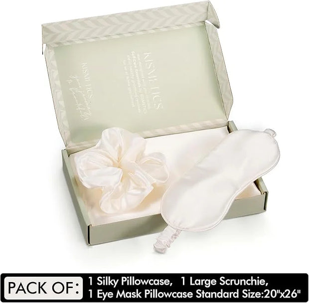 Vegan Silk Sleep Set, Silky Pillowcase with Large Scrunchie and Eye Mask for Hair and Skin, Self Care Essential Satin Nigh...