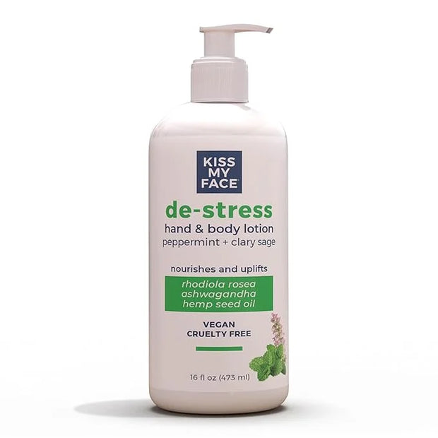 Kiss My Face De-Stress Hand & Body Lotion - Peppermint + Clary Sage - Soothing Rhodiola Rosea - With Hemp Seed Oil & Ashwa...