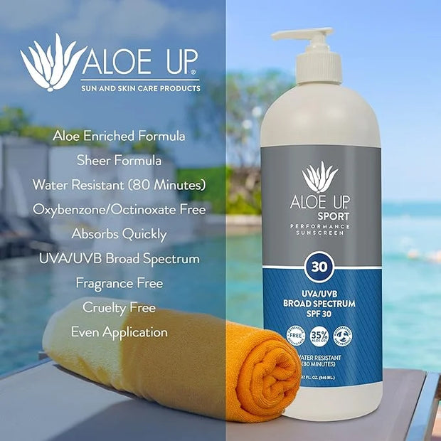 Aloe Up Sport Sunscreen Lotion SPF 30 - Broad Spectrum UVA/UVB Sunscreen Protector for Face and Body With Hydrating Aloe V...