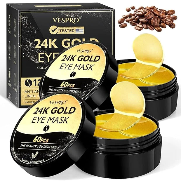 VESPRO 120 PCS 24K Gold Under Eye Patches for Dark Circles and Puffy Eyes, Eye Mask With Collagen and Hyaluronic Acid for ...