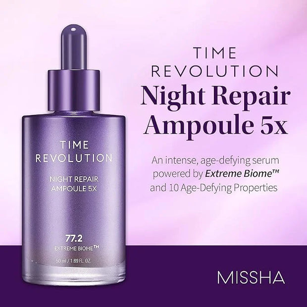 MISSHA Time Revolution Night Repair Face Serum Ampoule (5th Gen) - Overnight Probiotic Skincare for Intensive Repair and R...
