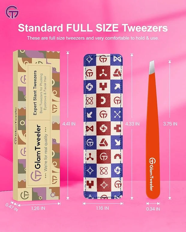 Expert Eyebrow Hair Removal Tweezer with Leather Case, GlamTweeler High Precision Slant Tip Stainless Steel Tweezers for M...