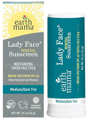 Earth Mama Lady Face® Tinted Mineral Sunscreen Stick, SPF 40 Medium/Dark Tint | Contains Organic Shea & Cocoa Butter | Fou...
