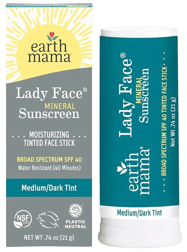 Earth Mama Lady Face® Tinted Mineral Sunscreen Stick, SPF 40 Medium/Dark Tint | Contains Organic Shea & Cocoa Butter | Fou...