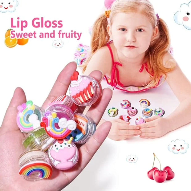 8PCS Cute Lip Gloss for Girls, Party Favors Lip Balm Set for Kids, Assorted Fruity Flavors Cute Cupcake of Rainbow Designs...