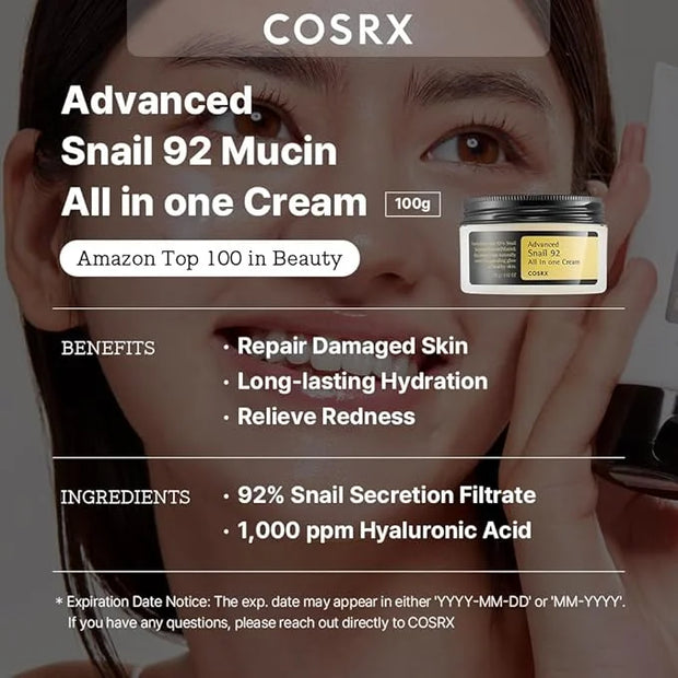 COSRX Best Seller Duo- Snail 92 Cream & Snail 96 Essence, Daily Face Gel Moisturizer and Hydrating Serum for Face with Sna...