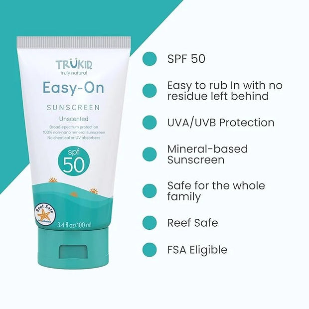 TruKid Easy On Mineral Sunscreen SPF 50 - Kids & Baby Sunscreen for Face & Body, Sunblock Protection for Sensitive Skin, U...