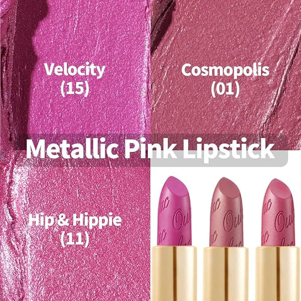 Oulac Metallic Pink Lipstick Set 3PCS High Impact Lipcolor with Moisturizing Formula, Vegan Beauty, Full-Coverage Lip Colo...