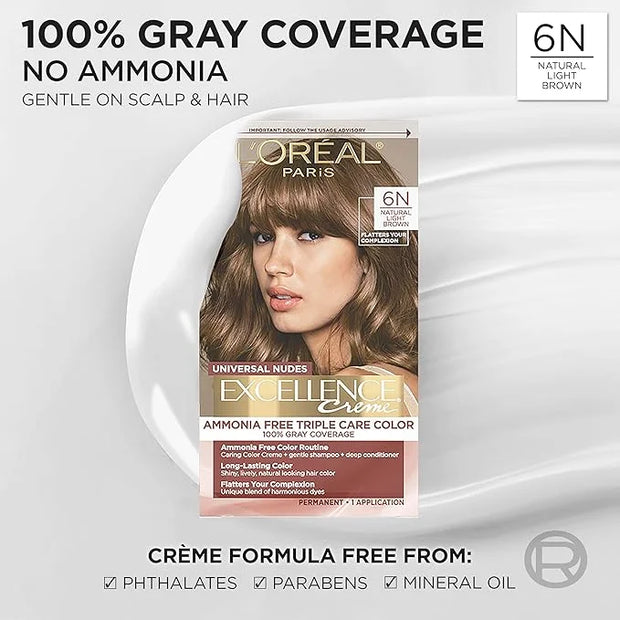 L’Oreal Paris Excellence Universal Nudes Permanent Hair Color, Ammonia Free Hair Dye for Gray Hair Coverage, 6N Natural Li...