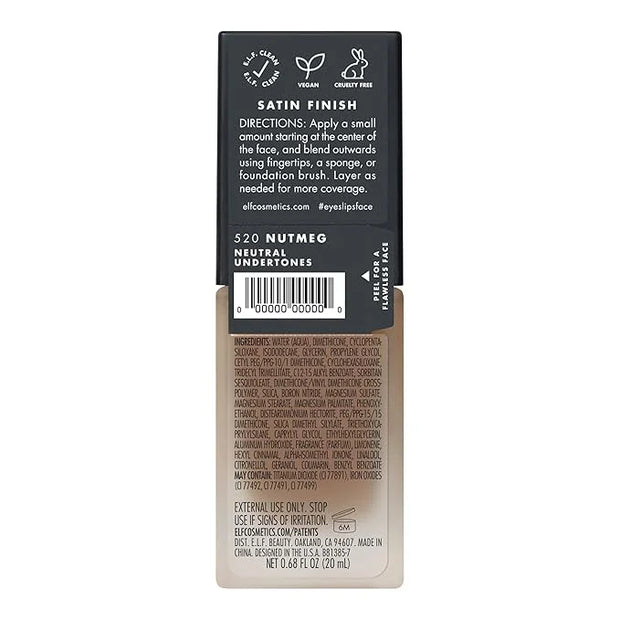 e.l.f. Flawless Satin Foundation, Lightweight & Medium Coverage, Semi-Matte Finish, Vegan & Cruelty-Free, Nutmeg, 0.68 Fl ...