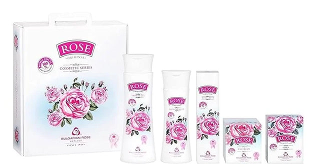 Bulgarian Rose 5 Piece Gift Set with Natural Rose Soap, Rose Body Lotion, Rose Hand Cream, Rose Day Face Cream, Rose Micel...