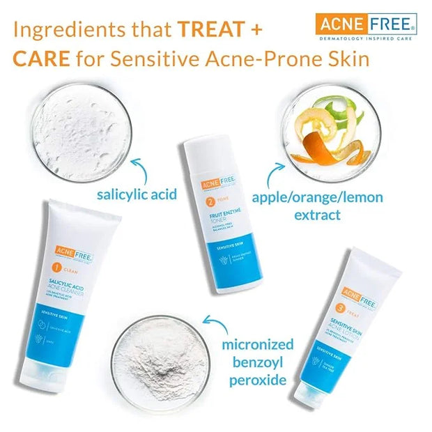 Acne Free 3-Step Acne Treatment Kit with Salicylic Acid Face Wash, Alcohol-Free Toner, & Benzoyl Peroxide Lotion for Sensi...