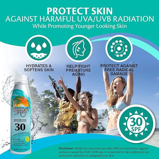 Caribbean Breeze Continuous Tropical Mist SPF 30 Sunscreen Spray, Reef Safe Sunscreen Spray, Up to 80 Minutes Water Resist...