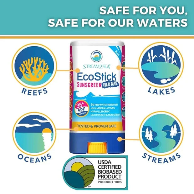 STREAM2SEA EcoStick SPF 35 Mineral Sunscreen Stick, Sweat Water Resistant Sunblock, USDA Approved Biodegradable Paraben Fr...