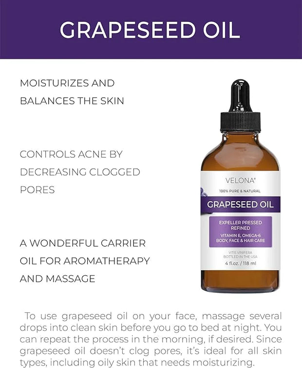 velona Grapeseed Oil 4 fl oz | 100% Pure and Natural Carrier Oil | Refined, Cold pressed | Skin, Face, Body, Hair Care | U...