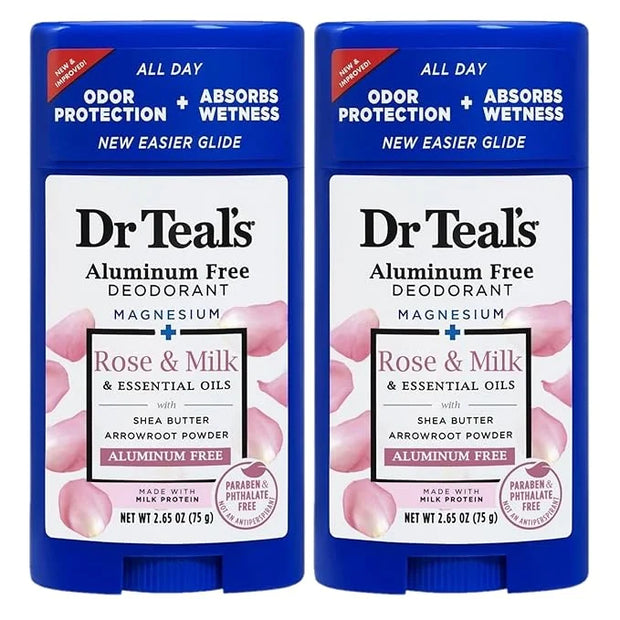 Dr. Teal's Rose & Milk Deodorant Gift Set (2 Pack, 2.65oz Ea) - Rose & Milk Formula - Aluminum Free with Magnesium - Essen...