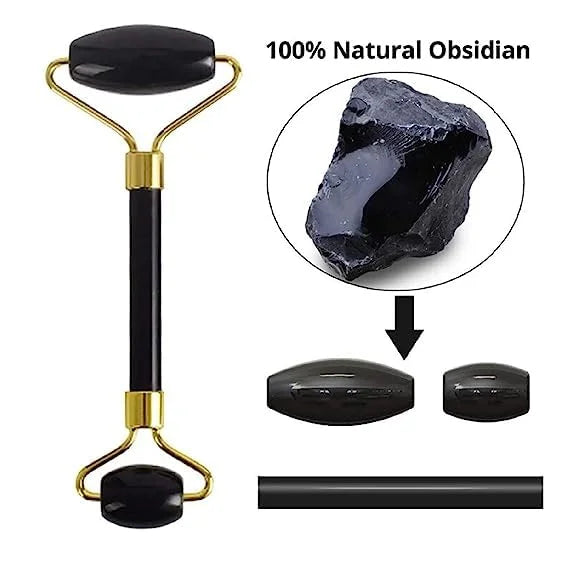 Black Obsidian Jade Facial Roller & Gua Sha Set 100% Natural Source from Highest Altitude of Himalayan Two-Sided Face Neck...