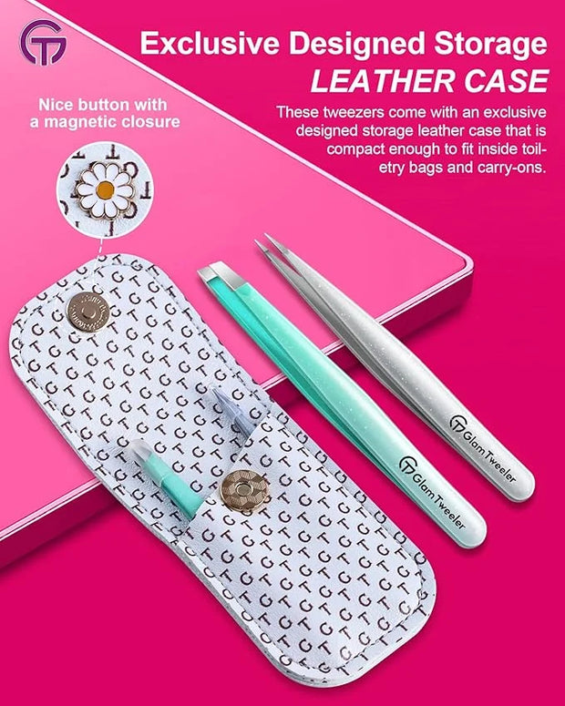 Expert Slant and Point Tip Tweezer Set with Exclusive Storage & Carrying Case, GlamTweeler Sharp & Precision Tweezer Set f...