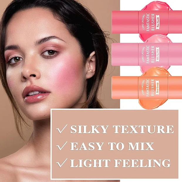 3 Pcs Cream Blush Stick with Brush,Waterproof Multi Cream Makeup Stick,Lightweight,Long-lasting,2 in 1 Multi Blush for Che...